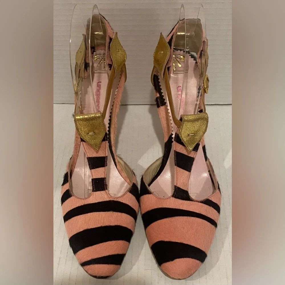 Ungaro Fuchsia Pink & Black Zebra Stripe Calf Hair Leather T-Strap Heels Italy - Picture 4 of 8